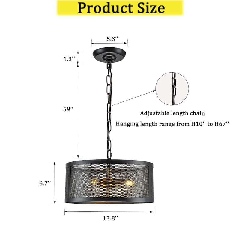 CraftHome 3-Light Modern Industrial Round Mesh Chandelier Farmhouse Pendant Light Fixture With Matt Black Shade - W:14"