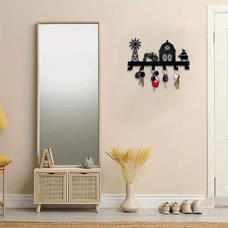 Black Metal Wall-Mounted Towel Hook Rack 6 Hooks Space-Saving Bathroom Storage Organizer - 11.57”L x 6.02”H