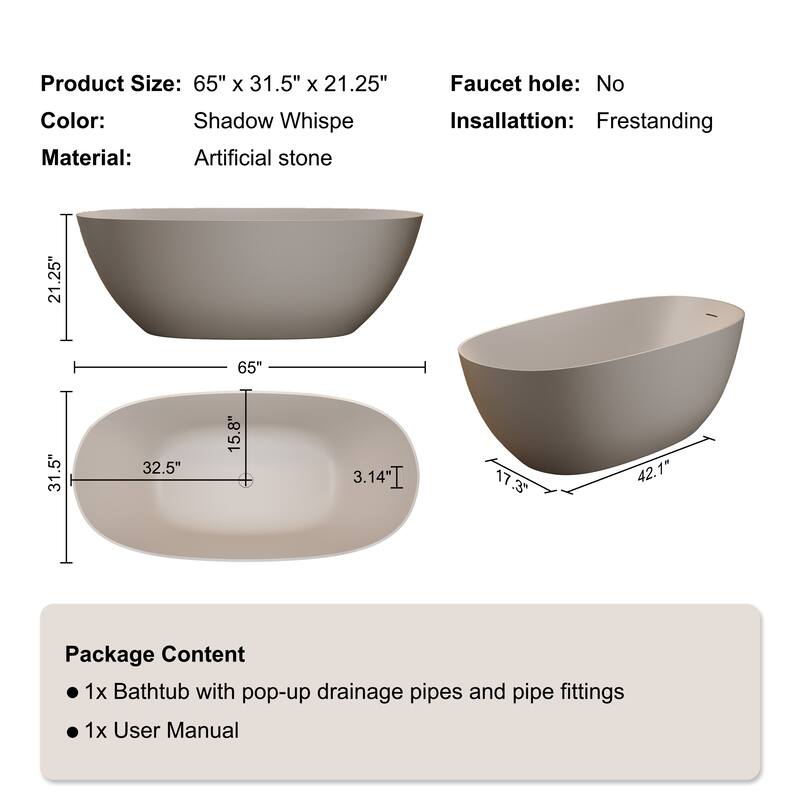 Luxury Solid Surface Freestanding Soaking Bathtub with Center Drain and Pop-up Drain, Modern Beige Tub with Overflow