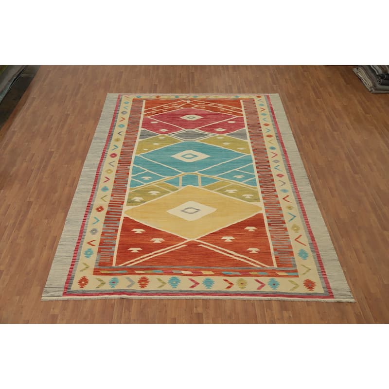 Hand Woven Oriental 100% Wool Carpet Southwestern Tribal Multi-Colored Kilim Area Rug - 13' 0'' X 9' 9''