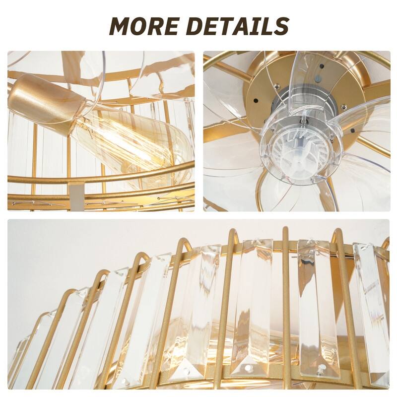 20 in. Indoor Gold Crystal Ceiling Fan with Light, Mid Century Gold Fandelier with Remote Control, 6 Speeds for Bedroom
