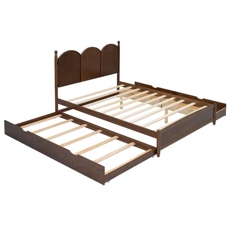 Queen Size Platform Bed with Twin XL Trundle and 2 Big Drawers, Wooden Bed Frame with Headboard and Slats Support