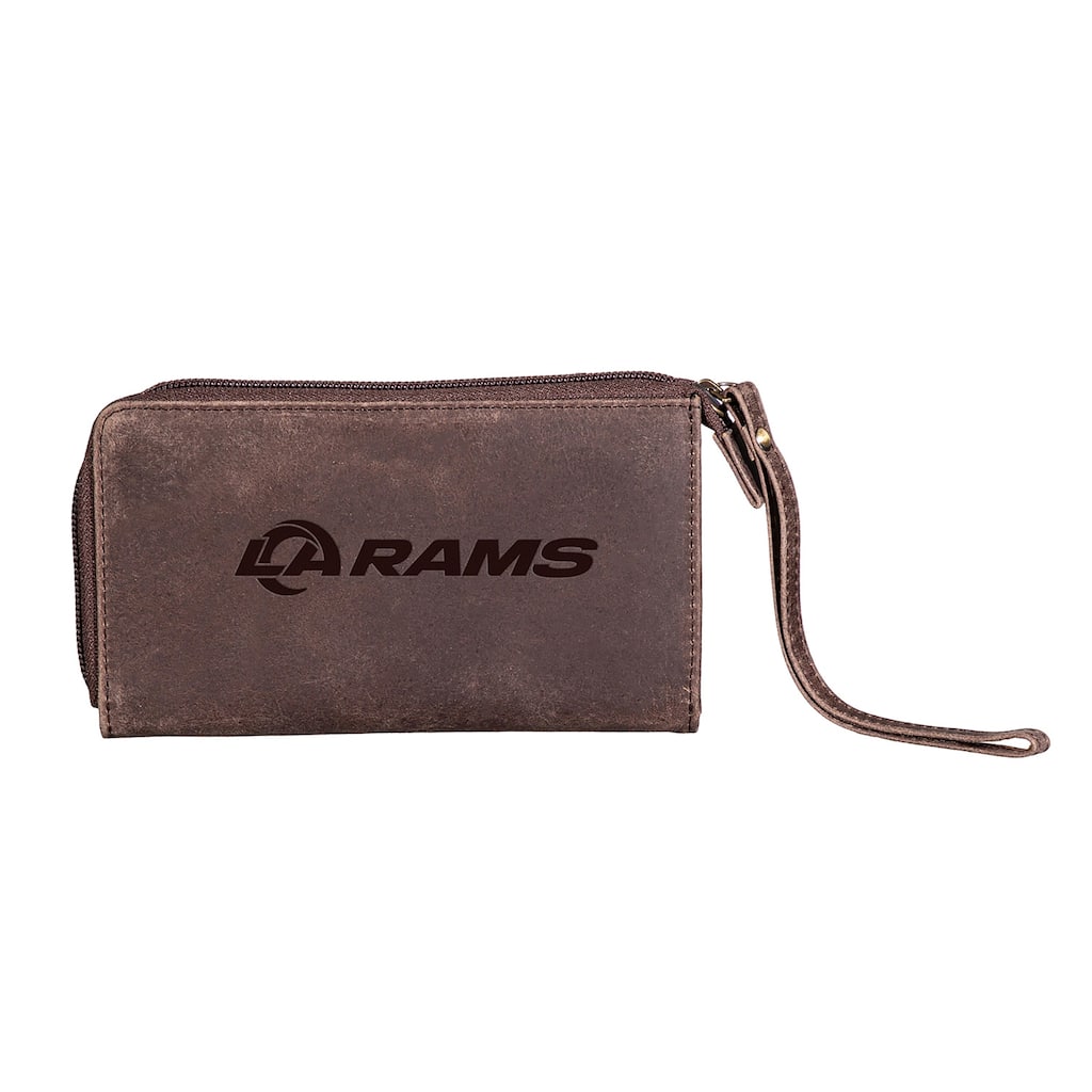 Brown Leather Cell Phone Wristlet Wallet, Los Angeles Rams - 4" x 7"