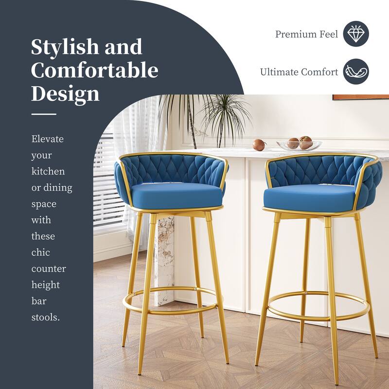 Roomfitters 31.5" Swivel Counter Height Bar Stools Set of 2, Low Back Upholstered Kitchen Chairs with Gold Metal Legs, Blue