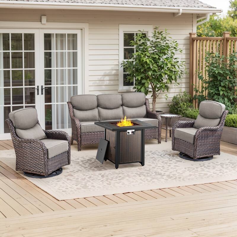 Pocassy 4/5PCS Patio Sofa Swivel Chair with 30" Fire Pit Tab;e - 5-Piece Sofa Siwvel Chair Table w/ Fire Pit Table - Gray Cushion Brown Wicker