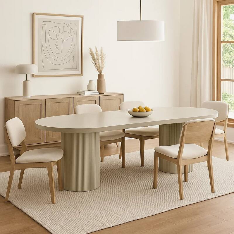 Liela Oval Dining Table, Double Pedestal Base, Bone White 87 Inch