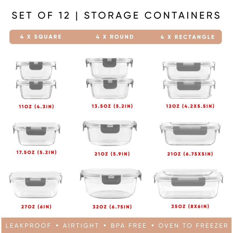 24pc Borosilicate Glass Storage Containers with Lids. 12 Airtight, Freezer Safe Food Storage Containers
