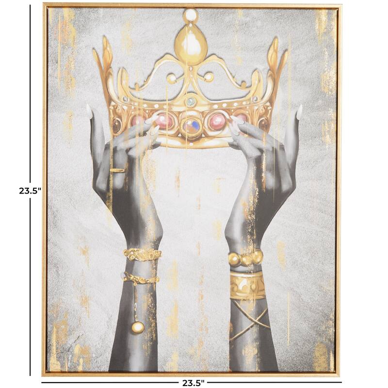 Gold Polystone Crown Living Room Framed Wall Art with Shaded Hands and Metallic Foil Accents