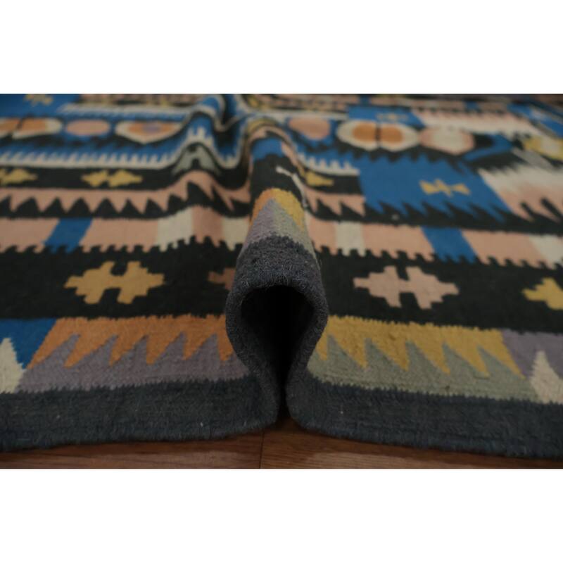 Hand Woven Oriental 100% Wool Carpet Southwestern Tribal Navy Blue & Blues Kilim Area Rug - 6' 9'' X 4' 6''