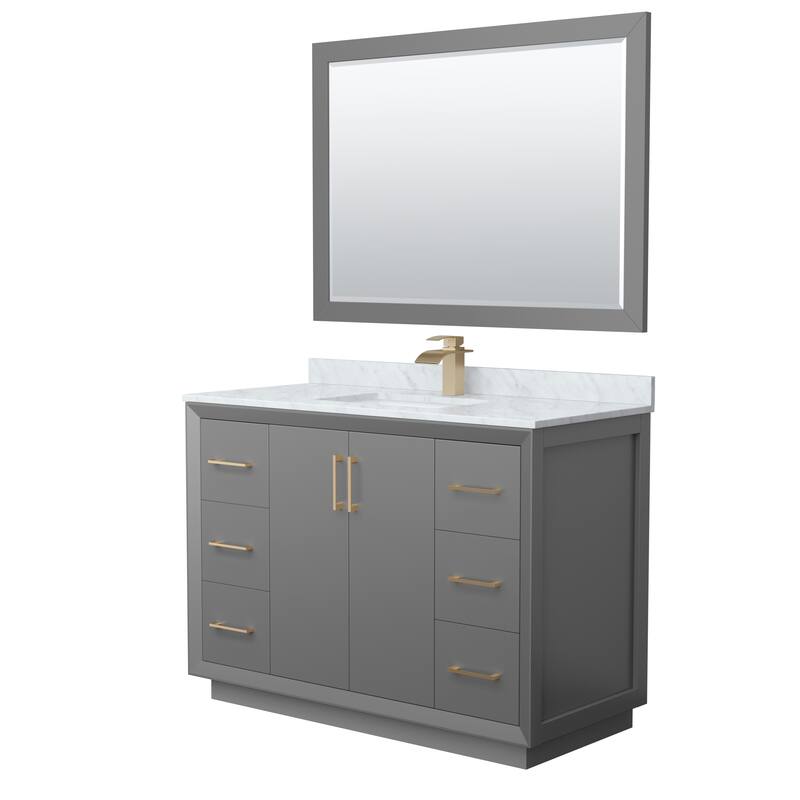 Strada 48-Inch Single Vanity Set, Carrara Marble Top, 46-Inch Mirror - Dark Gray, Bronze Trim, Carrara Marble Top