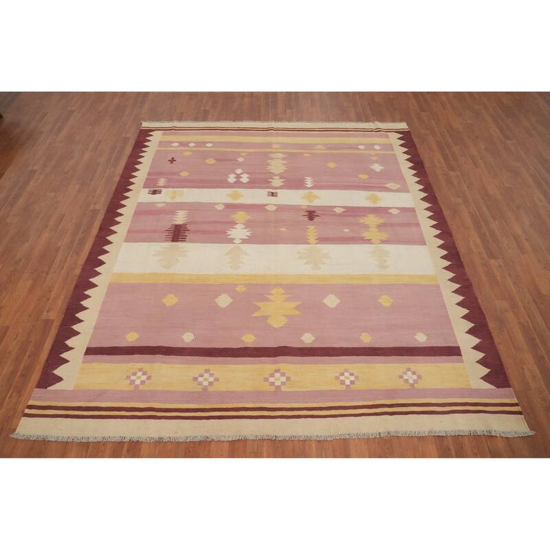 Hand Woven Oriental 100% Wool Carpet Southwestern Tribal Pink Kilim Area Rug - 9' 6'' X 8' 3''