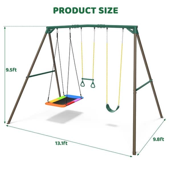 dimension image slide 0 of 2, 9.5' Heavy Duty Metal Swing set for Backyard with Platform Swing, Belt Swing, and Trapeze Bar