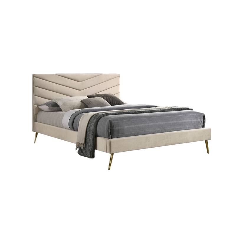 King Size Flannelette Mid-Century Modern Platform Bed with Chevron Tufted Headboard, Padded Upholstery and Gold Angled Legs