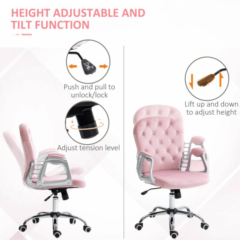 Velvet Home Office Chair, Button Tufted Desk Chair with Padded Armrests, Adjustable Height and Swivel Wheels, Pink