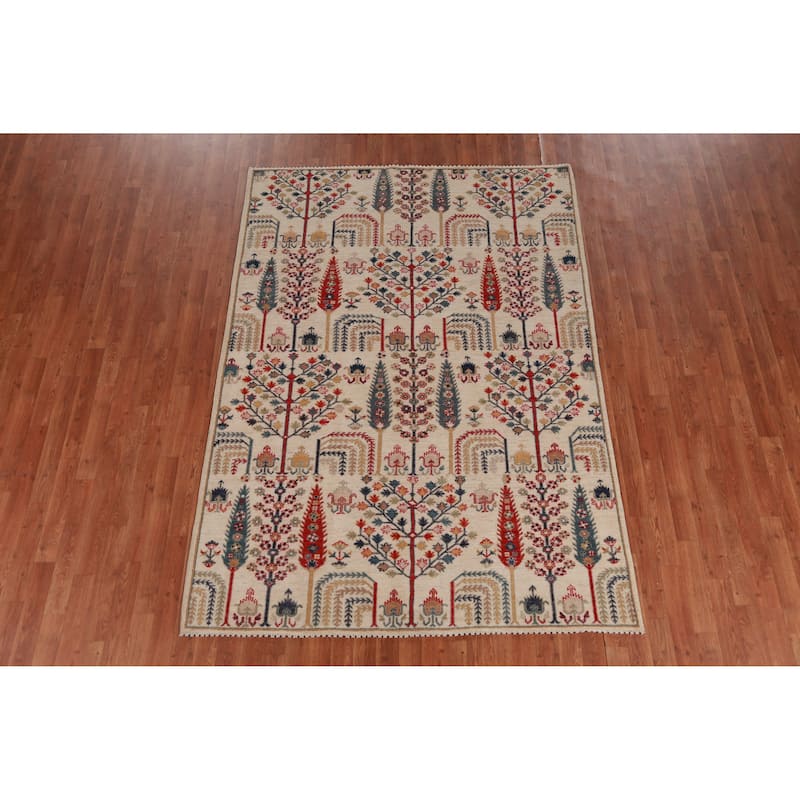 Hand Knotted Oriental 100% Wool Carpet Traditional Geometric Beige & Ivories Kazak Area Rug - 7' 10'' X 5' 6''