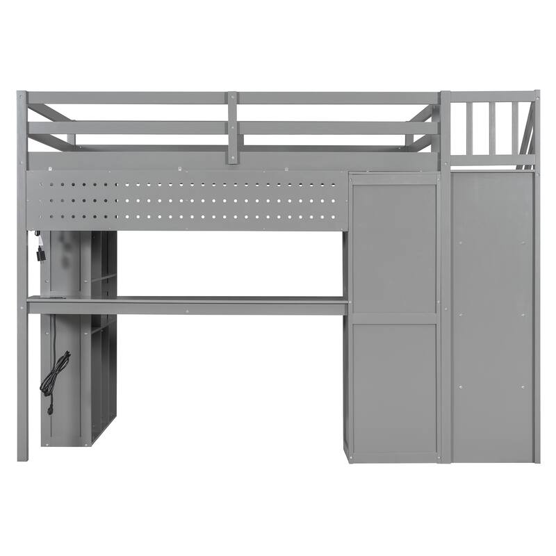 Full Loft Bed with Built-In Wardrobe & Study Desk - Space-Saving Frame with LED Lights & Shelves