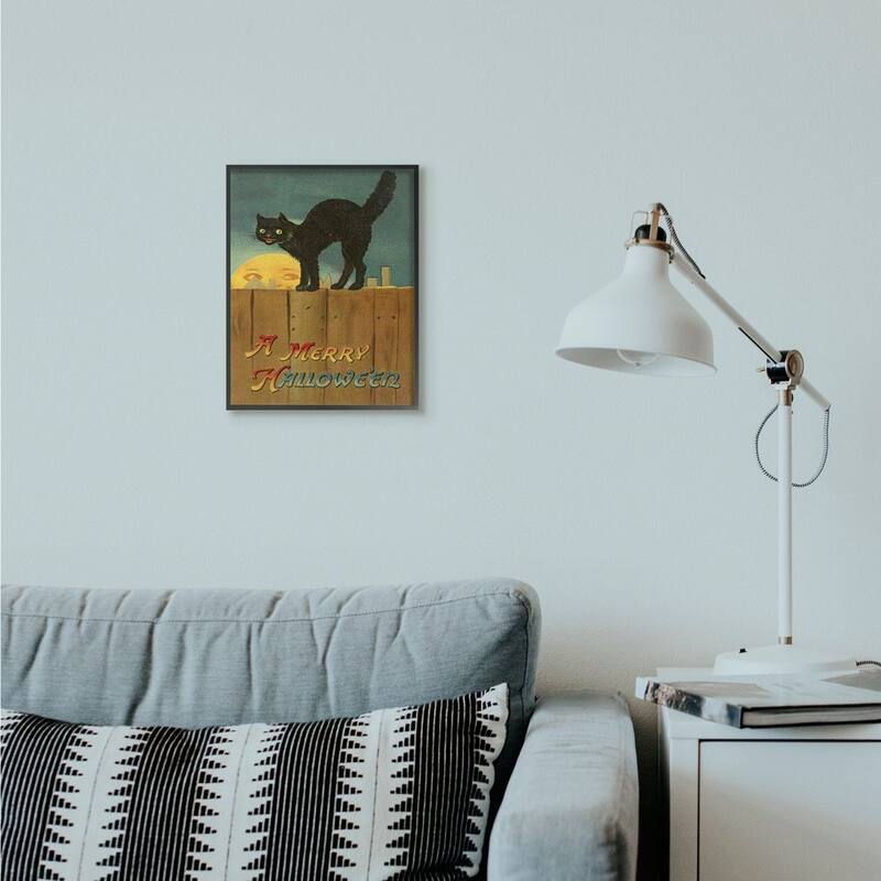 Stupell A Merry Halloween Black Cat Fence Seasonal Holiday Design Framed Wall Art