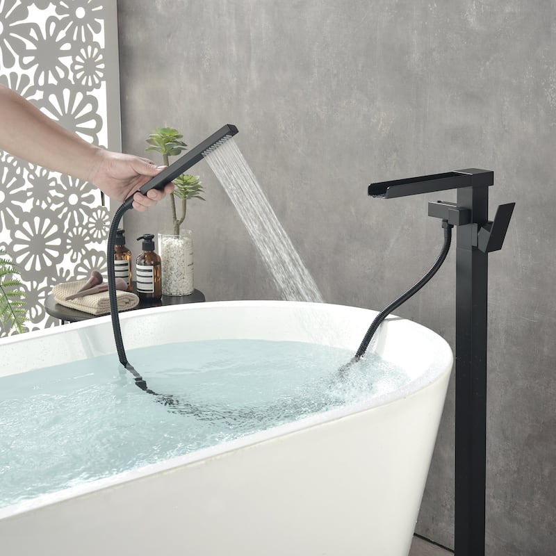 Matte Black Waterfall Floor Mounted Tub Filler with Hand Shower