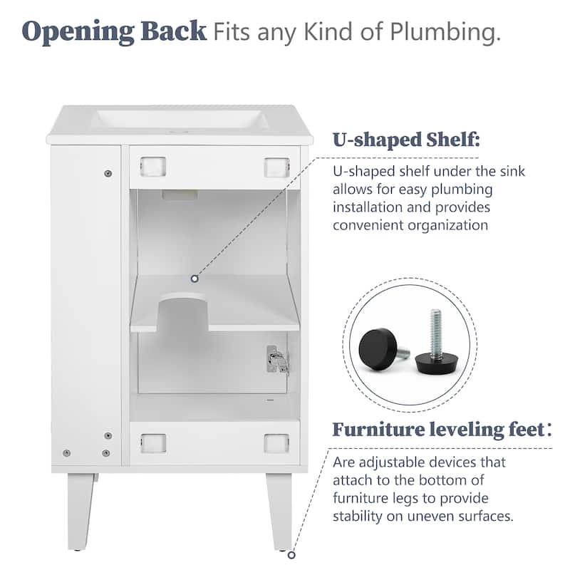 20" Freestanding Bathroom Vanity with Ceramic Sink, Soft Close Door & Half-Moon Pulls, French Style