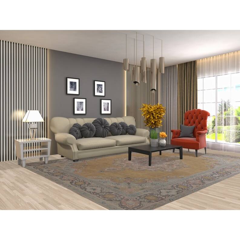 Hand Knotted Oriental 100% Wool Carpet Traditional Medallion Yellow & Gold Tabriz Area Rug - 11' 0'' X 8' 3''