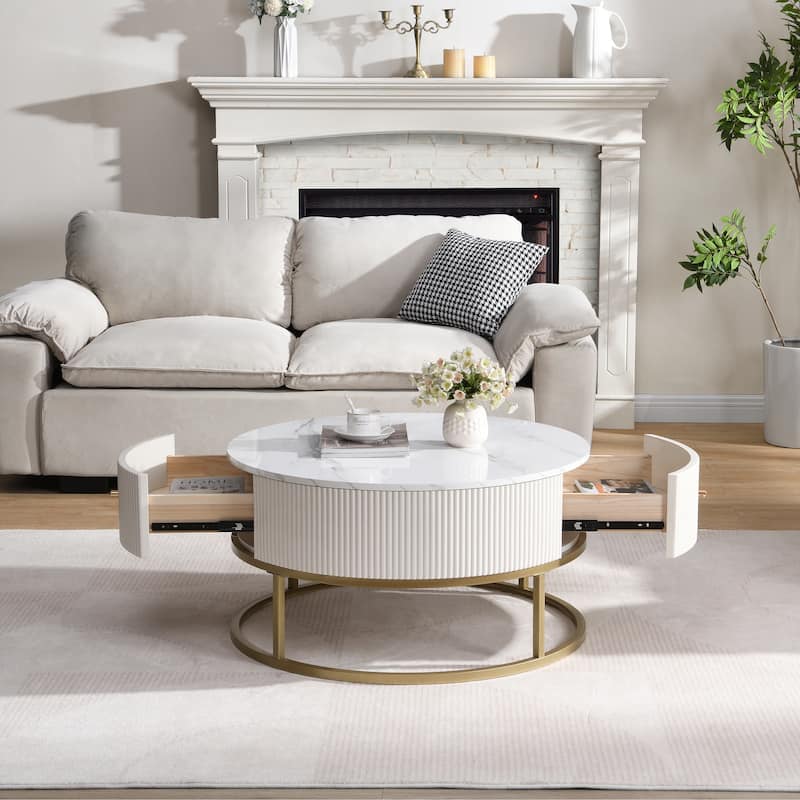 Modern Round Coffee Table Artificial Marble Table with 4 Non-Slip Mats Off-White Striped Drawers, for Living Room