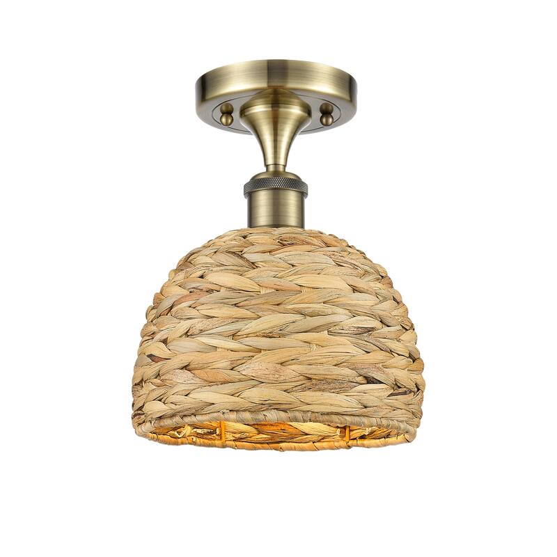 Innovations Lighting Woven Rattan - 1 Light 8" Semi-Flush Mount - Antique Brass/Natural Rattan