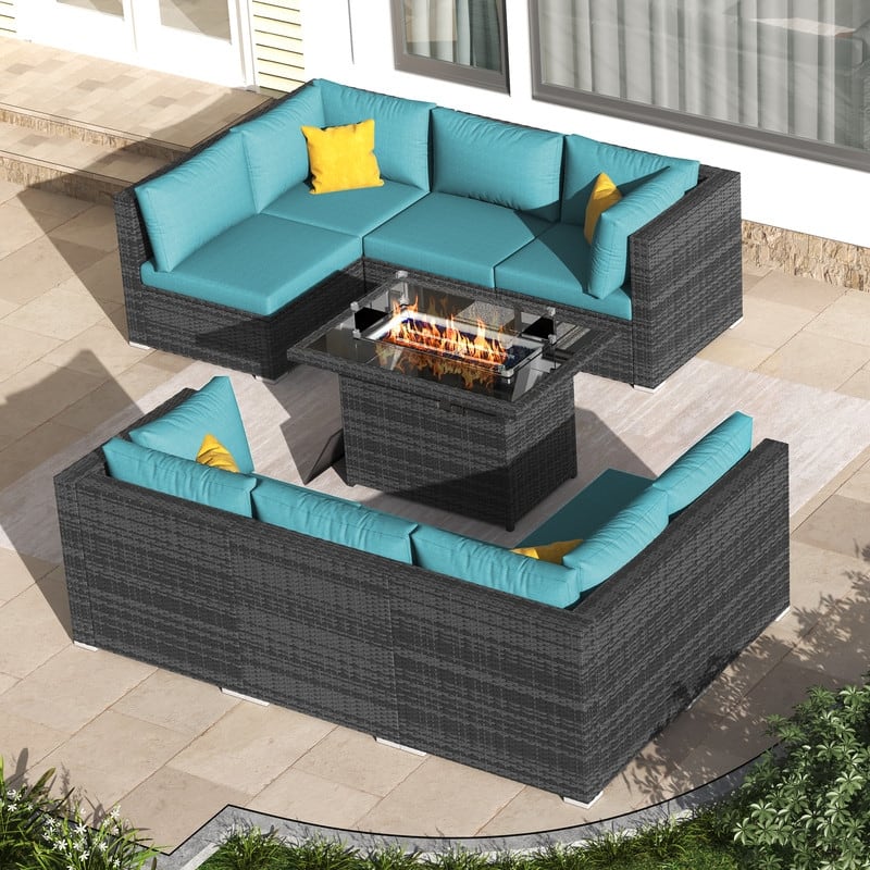 FINCATI Outdoor High-back Wicker Patio Sectional Set, 500 lbs Luxury Oversized Conversation Set, Spacious Couch Set - 440100 - Teal
