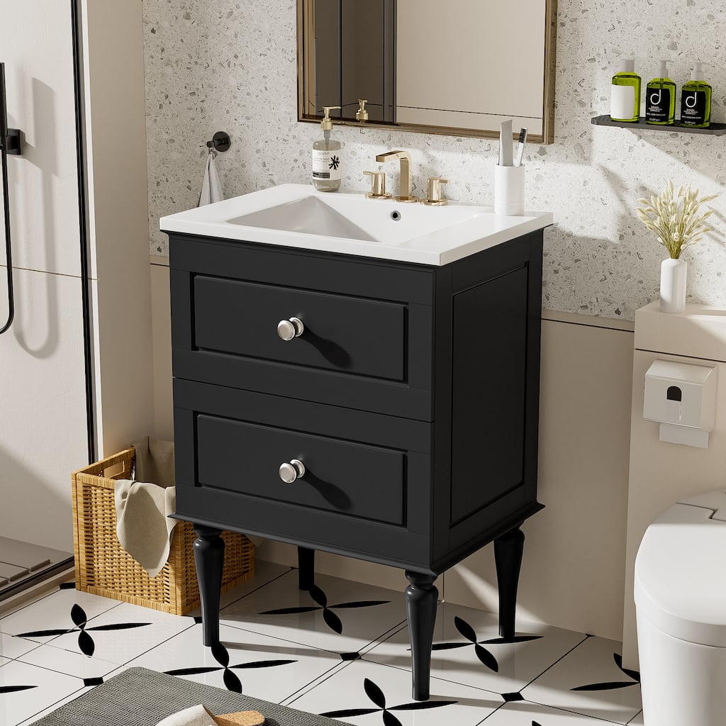 Bathroom Vanity with Ceramic Sink, Small Bathroom Vanity with 2 Drawers, Bathroom Storage Cabinet with Tip-Out Drawer