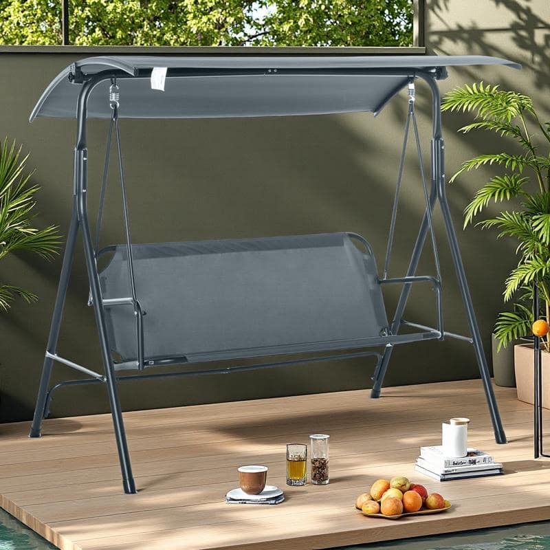 Steel 3-Person Porch Swing with Stand - Outdoor Canopy Swing (440lb Capacity) - Gray