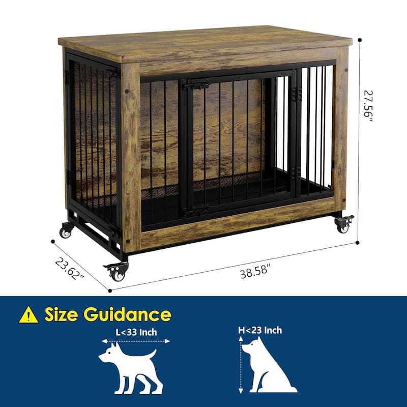 Rustic Dog Crate Furniture, Pet Crate with Wheels & Removable Tray for Small to Medium Dogs
