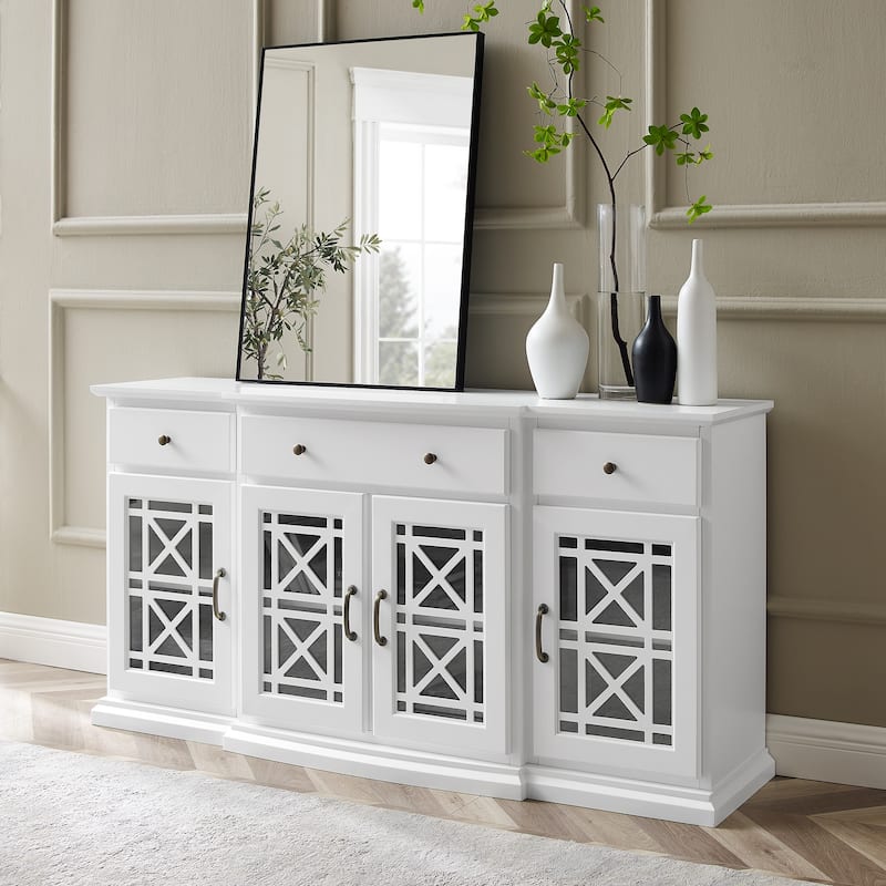 Classic Fretwork Detailed Glass-Door Sideboard for Living Room, Bedroom and Office