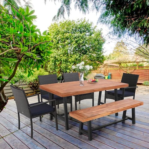 6 Piece Outdoor Patio Dining Set,1 Acacia Wood Table & 4 Cushioned Rattan Chairs