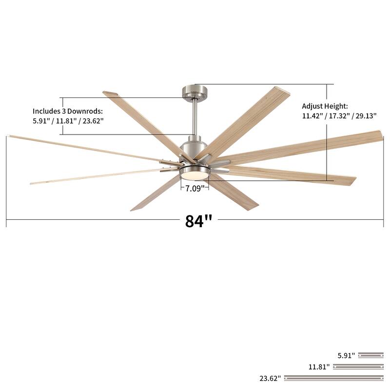 84" Oversized Large Black Walnut Solid Wood Ceiling Fan with Dimmable Led Light 8 Blades Remote Control Reversible DC Motor