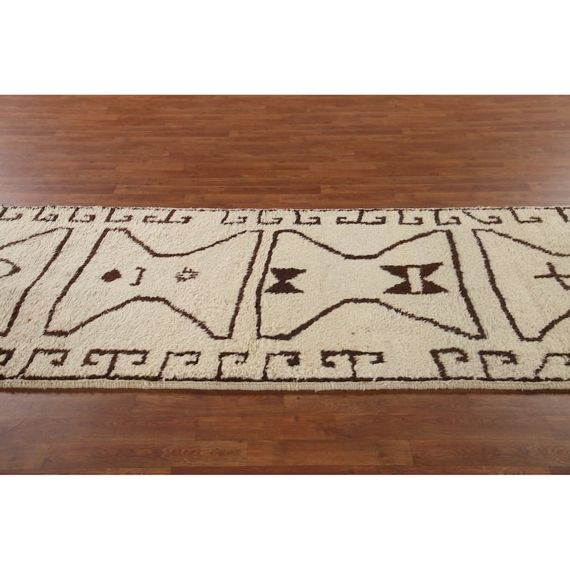 Anatolian Beige Turkish Runner Rug Handmade Geometric Wool Carpet - 3'6"x 12'4"