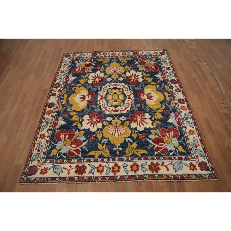 Hand Knotted Oriental 100% Wool Carpet Transitional Floral Navy Blue & Blues Oushak Area Rug - 6' 6'' X 5' 3''