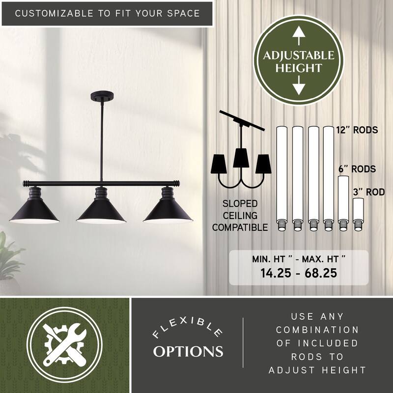Akron 3L Bronze Farmhouse Linear Chandelier Island Pendant Fixture Pool Table Light - 35.75-in W x 14.25-in H x 9.75-in D