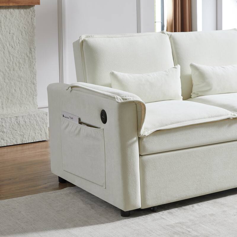 Pull Out Loveseat Sofa Convertible Sleeper Love Seat Bed with USB Ports and 2 Pillows Adjustable Backrest Tufted Couch