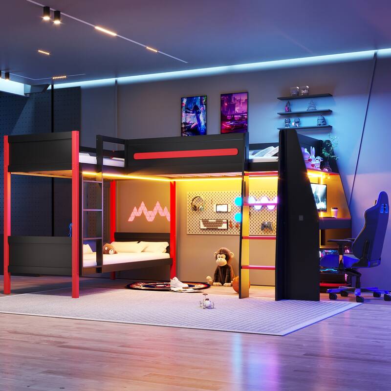 Gamer-Inspired Design L-Shaped Twin Over Twin Bunk Bed Teens Gaming Loft Bed with Desk, Shelves and LED Strip Lighting for Boys
