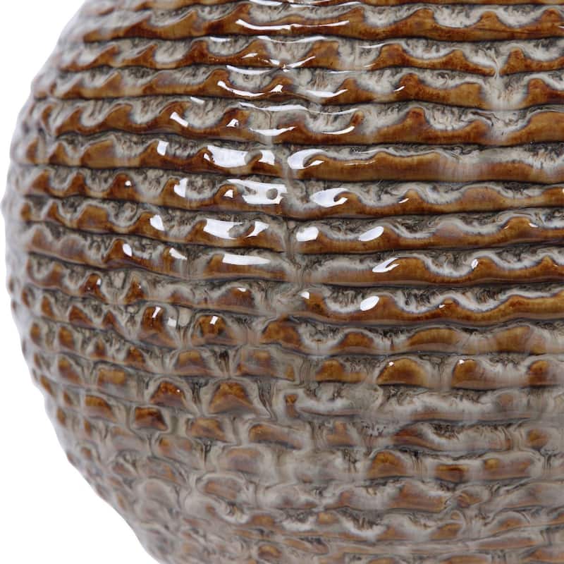Ribbed Ceramic Table Lamp with White Drum Shade - 22" - Brown