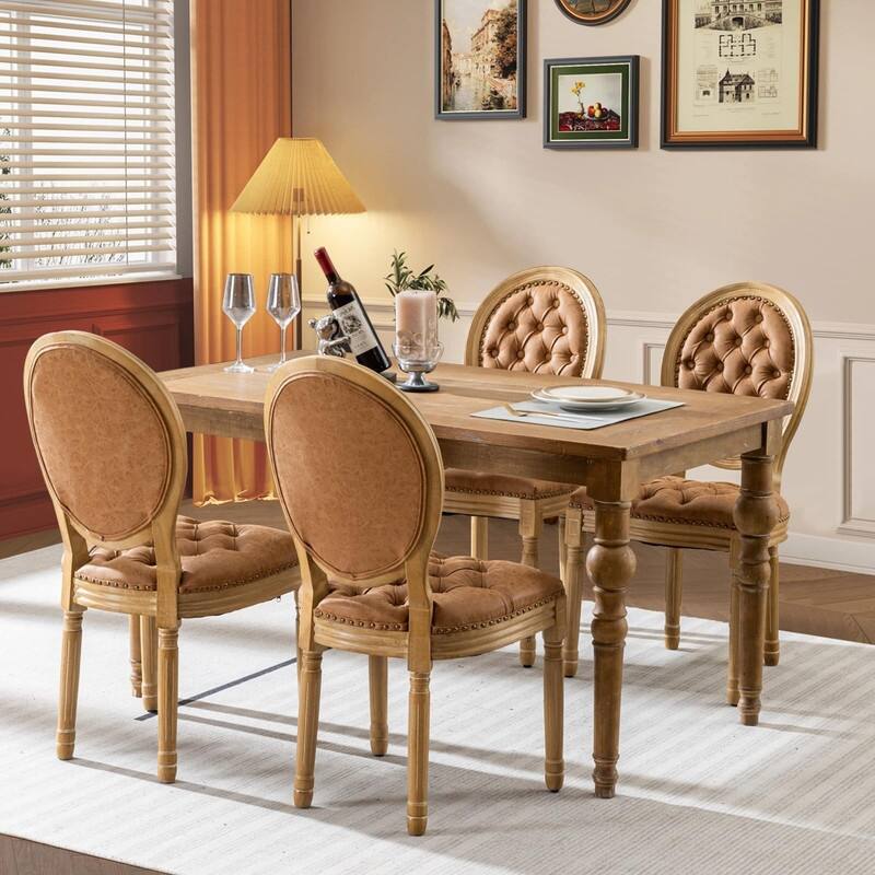 Upholstered French Style Nailhead Dining Chairs(Set of 4) - Orange Leather
