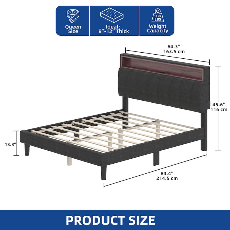 LED Bed Frame with Storage Headboard and Charging Station