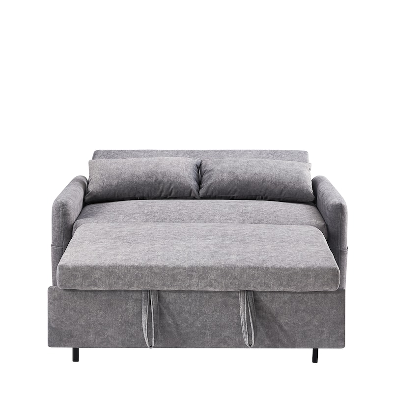 3-in-1 Pull Out Sofa Bed, Couch Bed with Adjsutable Back and Storage Pockets, 2 Seater Sofa with 2 Soft Pillows and USB Ports