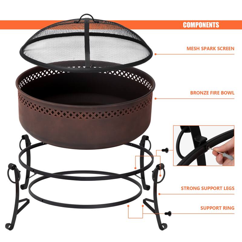 42 inches Outdoor Fire Pit with Spark Screen and Log Poker