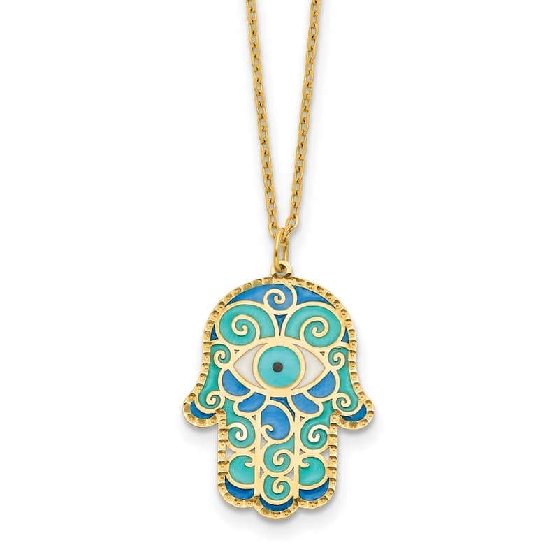 Curata 14k Yellow Gold 18" Italian Blue Green Enamel Evil Eye Hamsa Necklace - 18mm