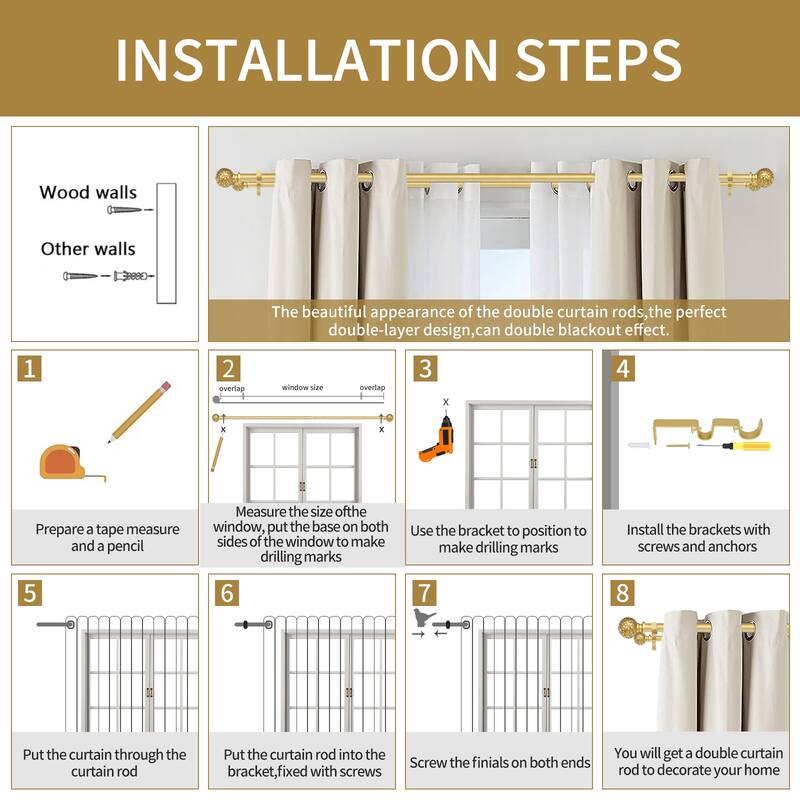 Meriville 1" Diameter Double Window Curtain Rod, 28" to 48", Fuso Finial