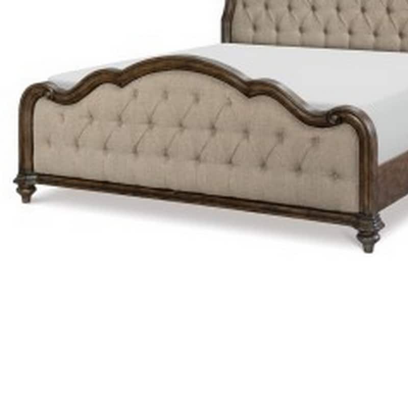 Deborah Queen Bed, Button Tufted Beige Fabric Upholstery, Brown Wood