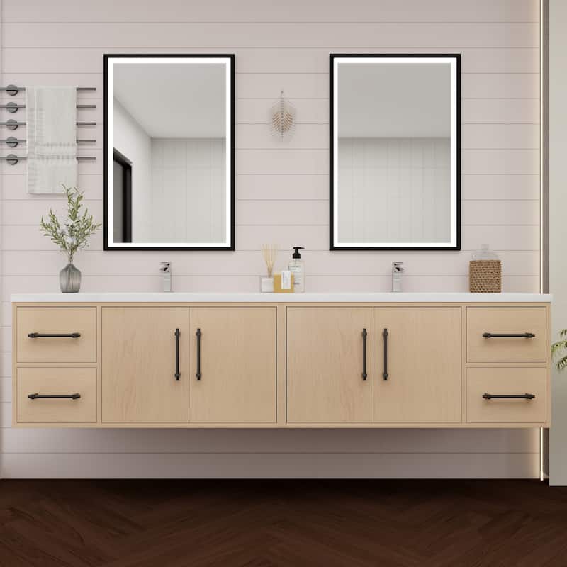 Victoria 84'' Wall-mounted Vanity with Double Reinforced Acrylic Sink - 83.5 - Oak Finish - Yellow Oak