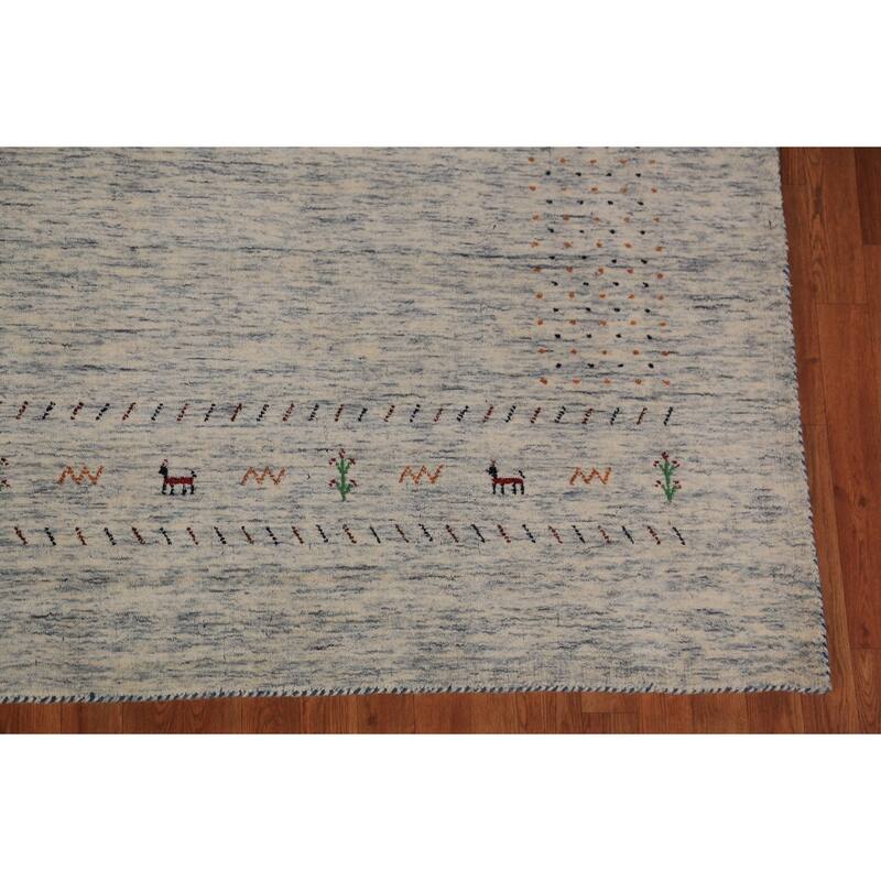 Ivory & Blue Tribal Gabbeh Oriental Area Rug Handmade Wool Carpet - 8'1"x 9'10"