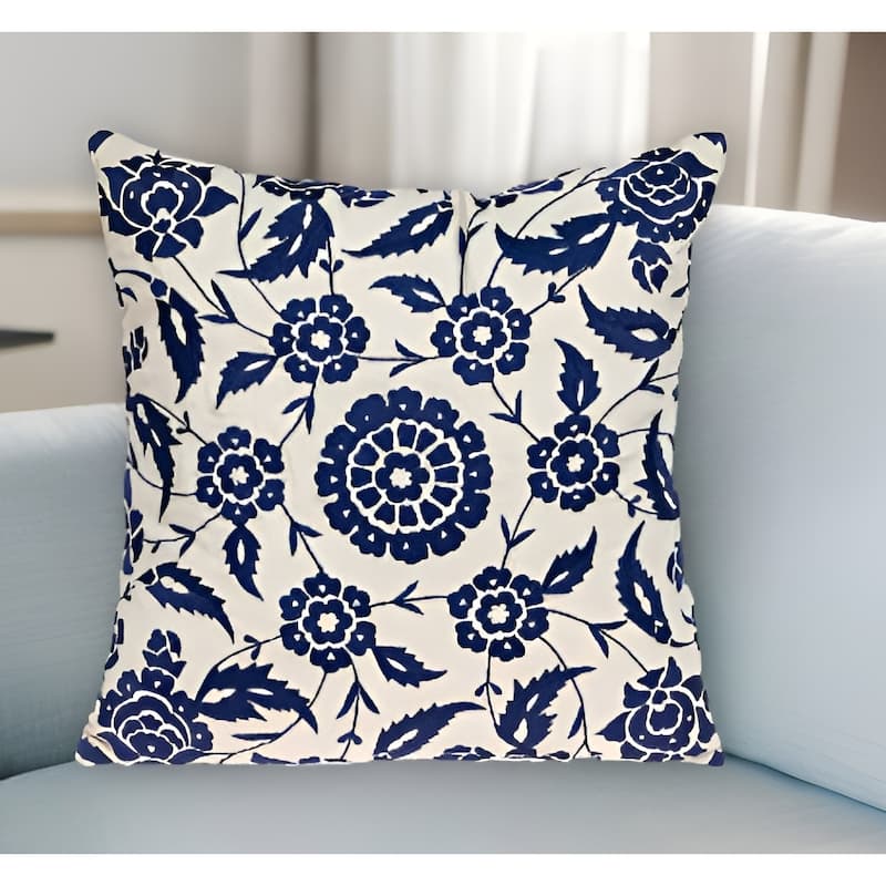 HomeRoots 22" Beige and Indigo Floral Cotton Throw Pillow With Embroidery - Beige