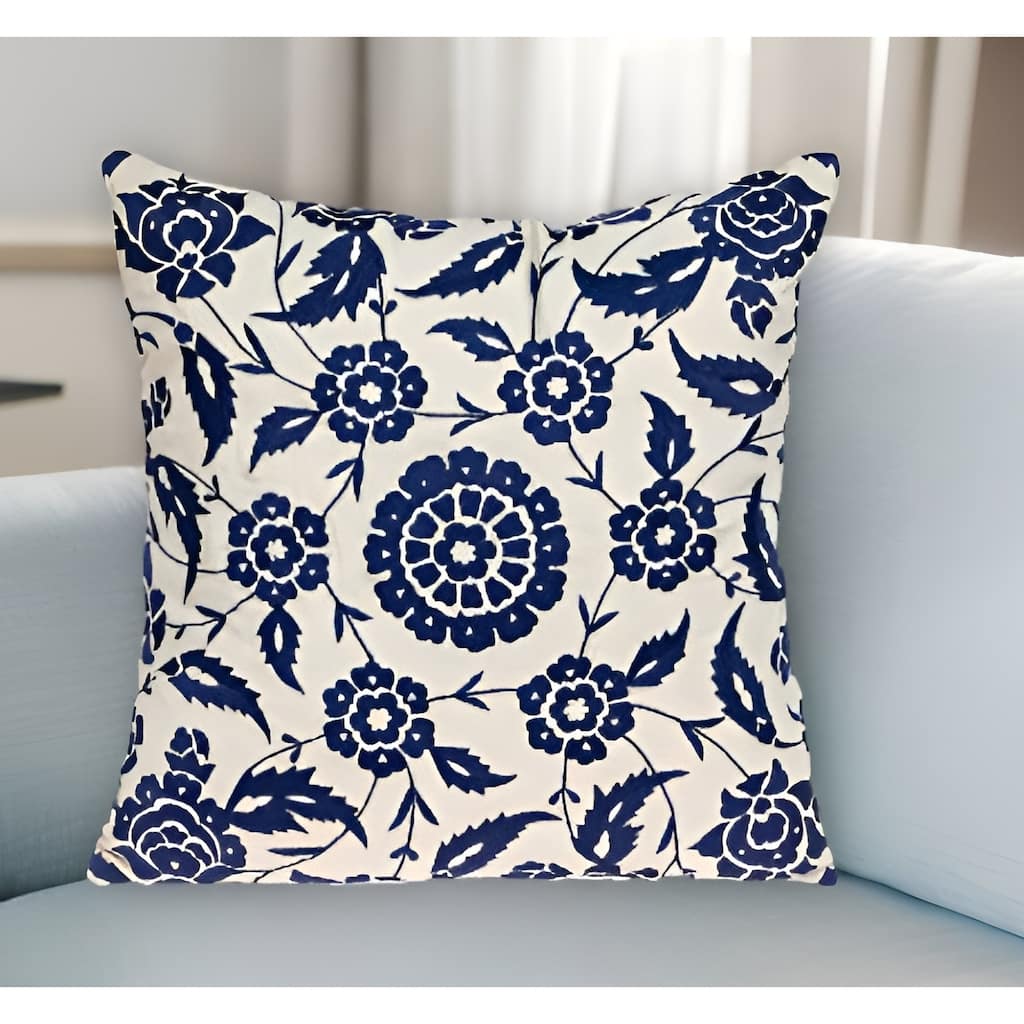 HomeRoots 22" Beige and Indigo Floral Cotton Throw Pillow With Embroidery